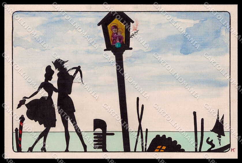 Artist Signed K. Romantic Couple Venezia Hand Painted Silhouette pc ZG8134 – fronte