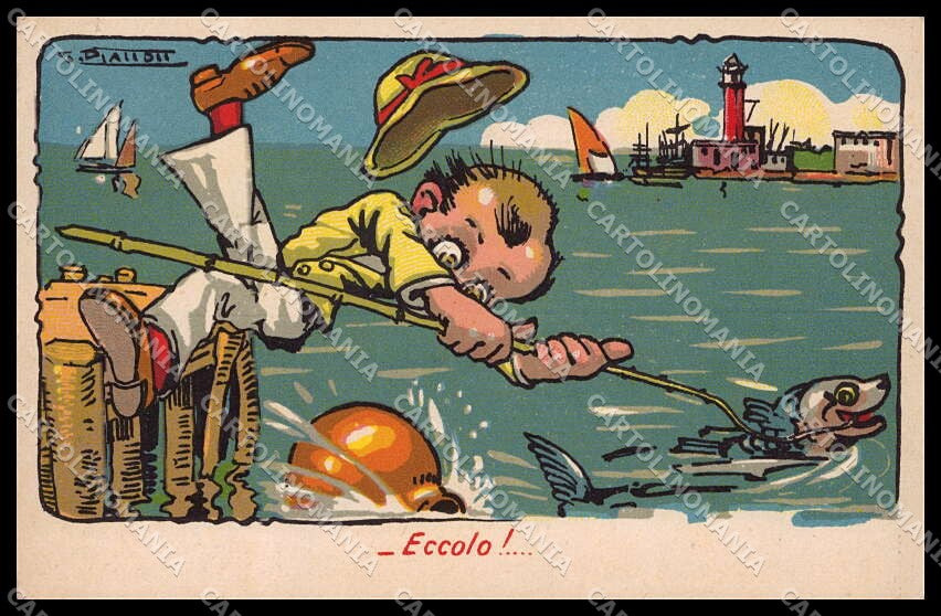 Illustratori Artist Signed Piattoli Man Fishing Venezia ? TEARED pc ZG8177 – fronte