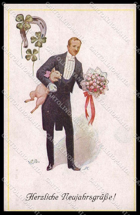 Illustratori Artist Signed C. B. Man Pig Happy New Year BKWI 3181-3 pc ZG8214 – fronte