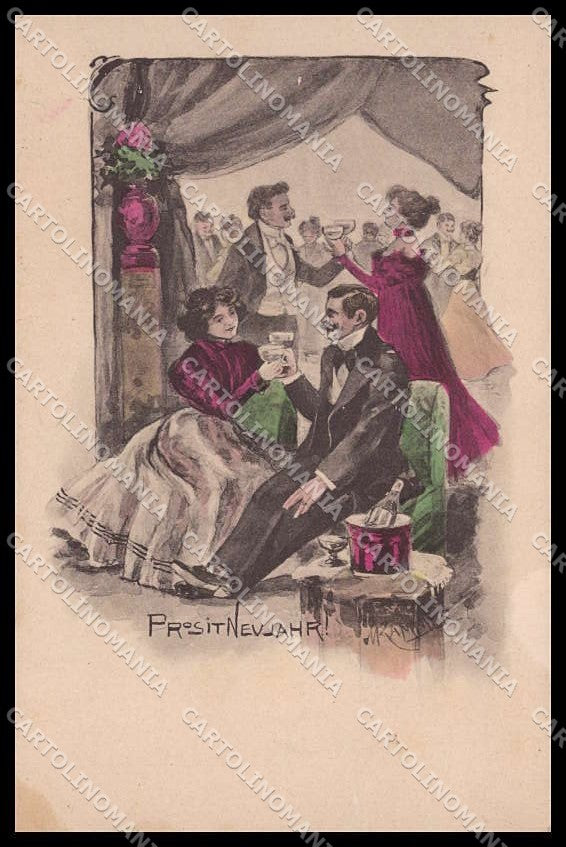 Illustratori Artist Signed M. Kammer Lady Toasting Art Nouveau Couple pc ZG8383 – fronte
