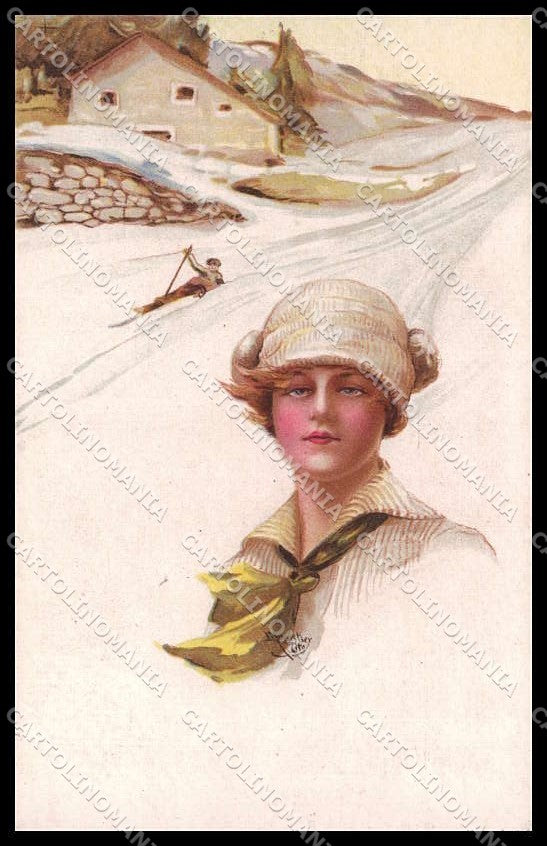 Illustratori Artist Signed Monestier Lady Ski Winter serie 810-6 pc ZG8587 – fronte