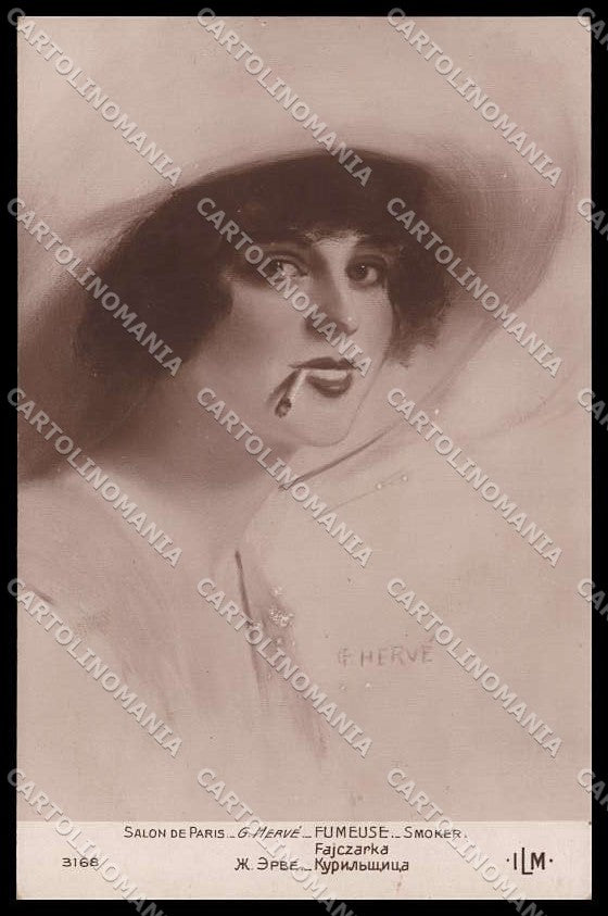 Artist Signed G. HervÃ© Lady Smoker Salon de Paris Lapina 3168 pc ZG8641 – fronte