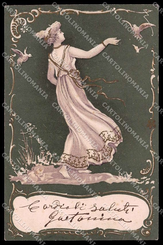 Illustratori Artist Signed Lady Dove Art Nouveau Relief PIN HOLE pc ZG8672 – fronte