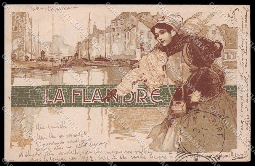 Illustratori Artist Signed AG Lady Art Nouveau La Flandre cartolina ZG8727 – fronte