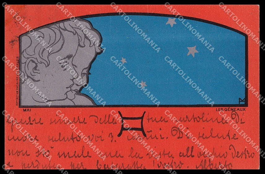 Artist Signed H. Meunier Zodiac Sign Gemini Art Nouveau CORNER CREASED pc ZG8765 – fronte