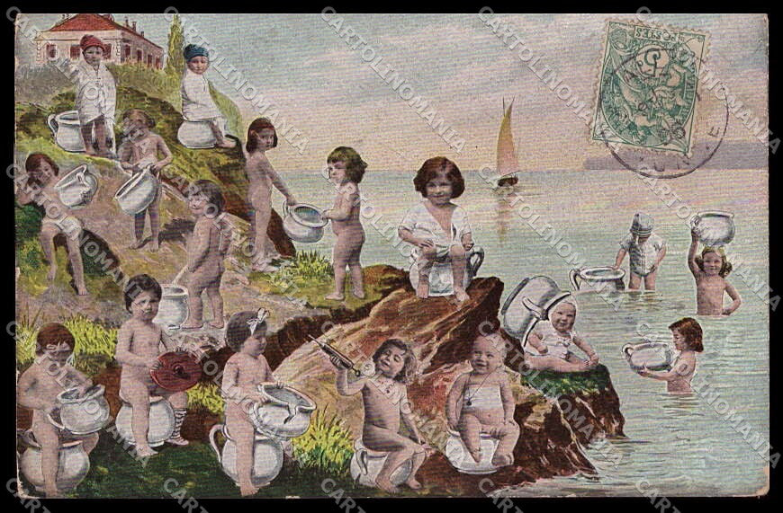 Illustratori Artist Signed Multiple Babies Children Chamber Pot cartolina ZG9153 – fronte