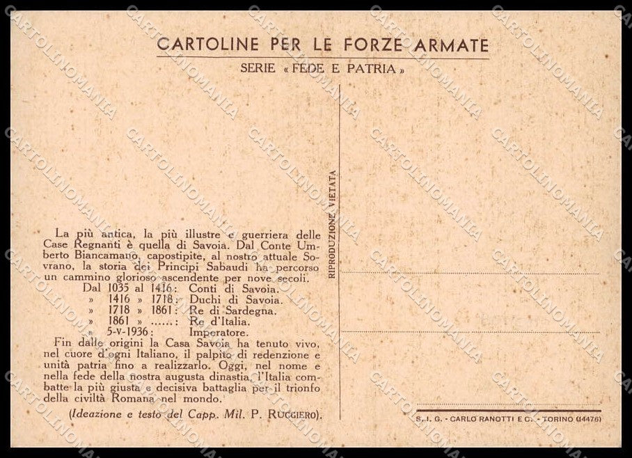 Savoia Serie Fede e Patria per le Forze Armate Bonetto FG cartolina ZG9195 – retro