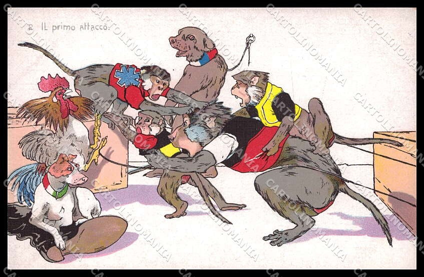 WWI WW1 Italian Propaganda Monkey Russia Bear Rooster Norfini cartolina ZG9325 – fronte