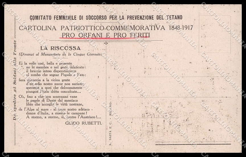 WWI Italian Propaganda Prevenzione Tetano Pro Orfani Feriti Rubetti pc ZG9569 – retro