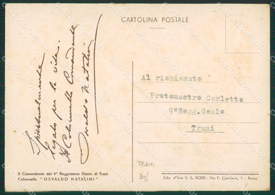 Bari Trani Colonnello Osvaldo Natalini Genio PIEGHINA FG cartolina ZK0252 – retro