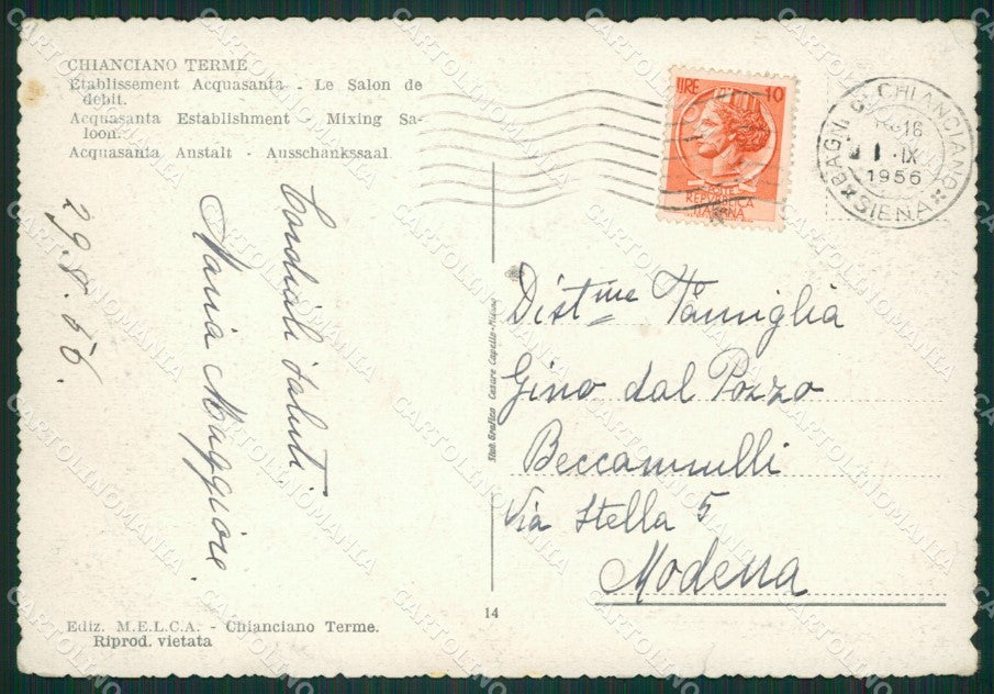 Siena Chianciano Terme Stabilimento Acqua Santa STRAPPINO FG cartolina ZK1456 – retro
