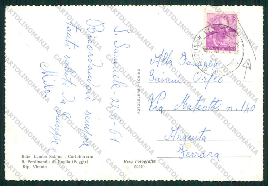 Bari Barletta San Ferdinando di Pugla PIEGA Foto FG cartolina ZK1947 – retro