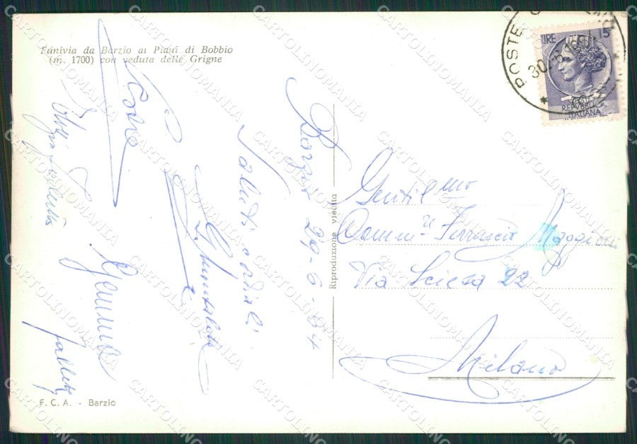 Lecco Barzio Funivia Foto FG cartolina ZK2686 – retro
