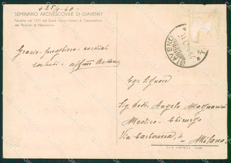 Torino Giaveno Seminario Arcivescovile PIEGHINA FG cartolina ZK3298 – retro