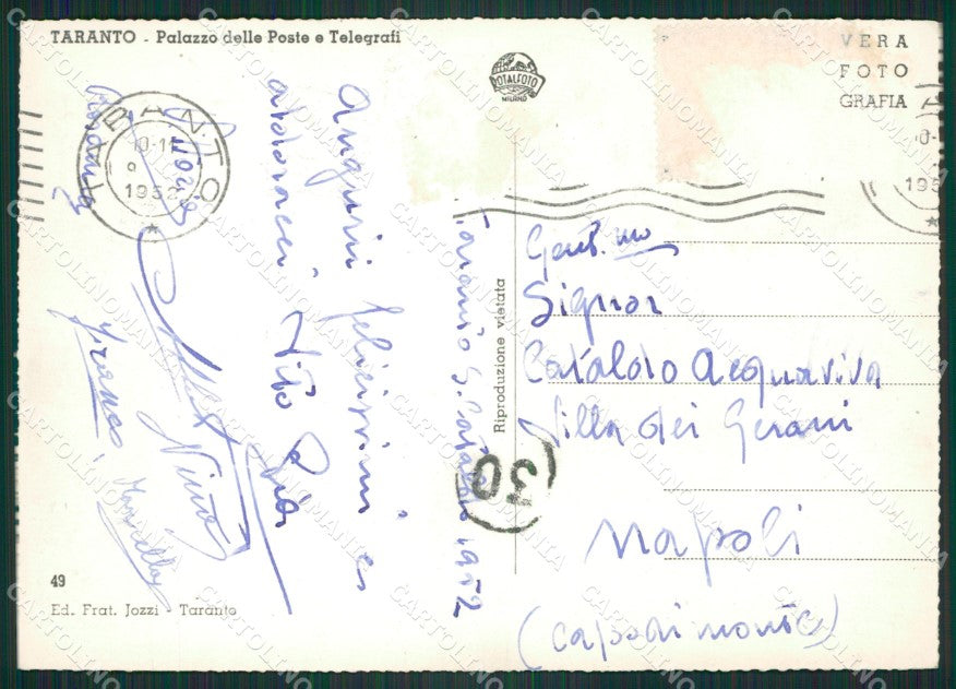 Taranto Città Palazzo Poste e Telegrafi ABRASA Foto FG cartolina ZK3335 – retro