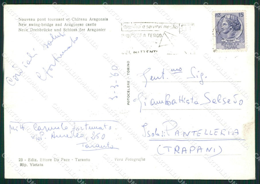 Taranto Città Ponte Girevole Castello Aragonese Auto Foto FG cartolina ZK3622 – retro