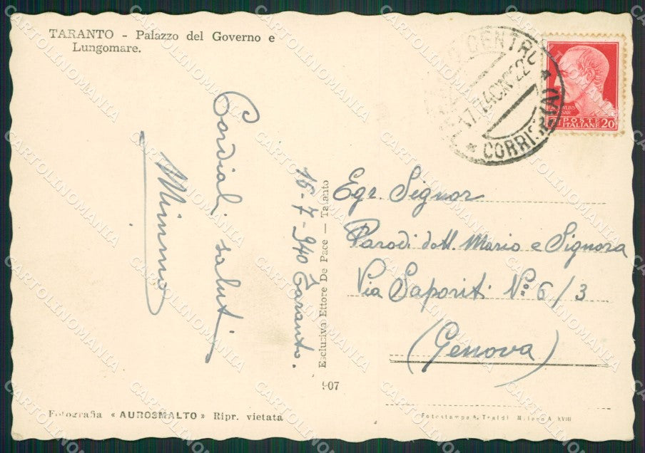 Taranto Città Palazzo del Governo Foto FG cartolina ZK4120 – retro
