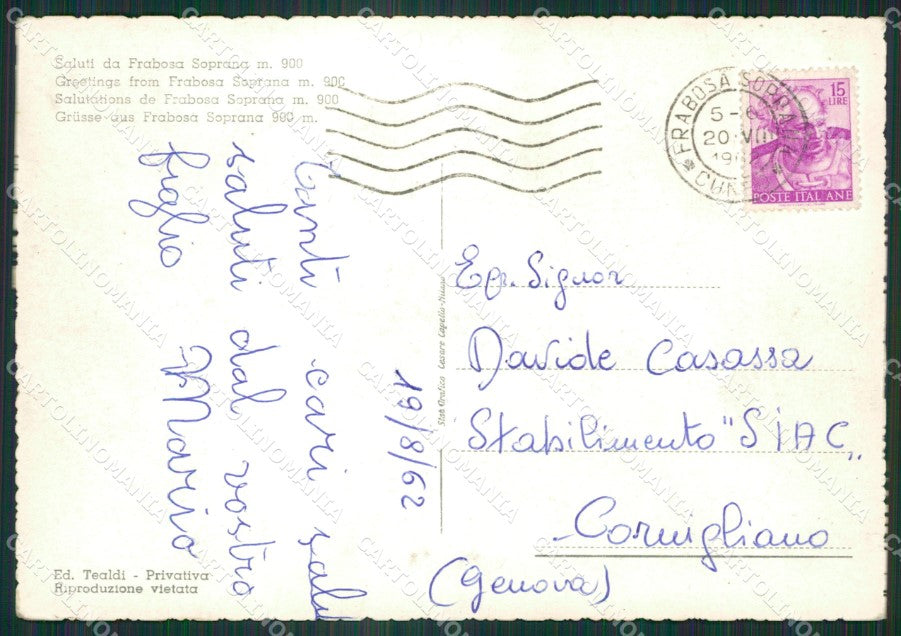 Cuneo Frabosa Soprana Saluti da Sci Foto FG cartolina ZK6283 – retro