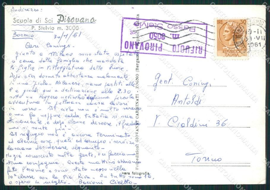 Sondrio Bormio Passo dello Selvio Sci Pirovano Foto FG cartolina ZK6483 – retro