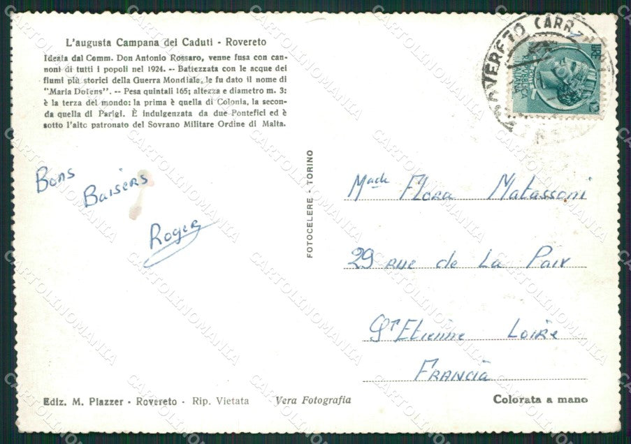 Trento Rovereto Campana Foto FG cartolina ZKM7015 – retro