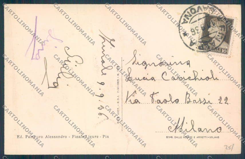 Savona Finale Ligure Finalpia cartolina ZQ0842 – retro