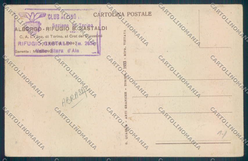 Torino Balme Pian della Mussa Rifugio CAI ABRASA cartolina ZT0611 – retro
