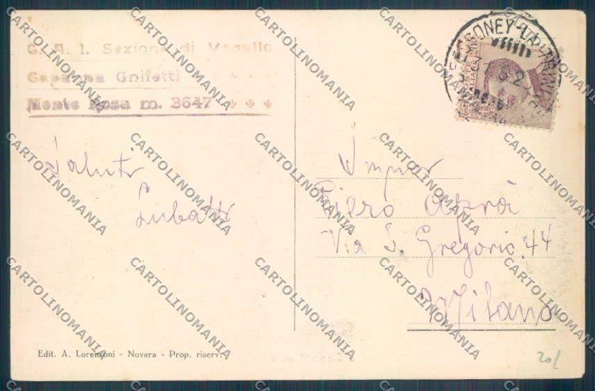 Vercelli Monte Rosa Capanna Gnifetti cartolina ZT6639 – retro