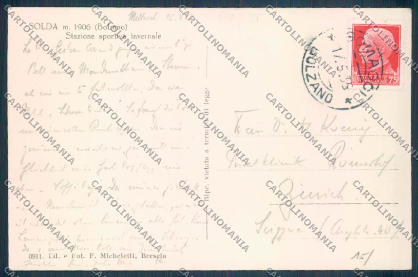 Bolzano Stelvio Solda Santa Gertrude Nevicata Foto cartolina ZT9925 – retro